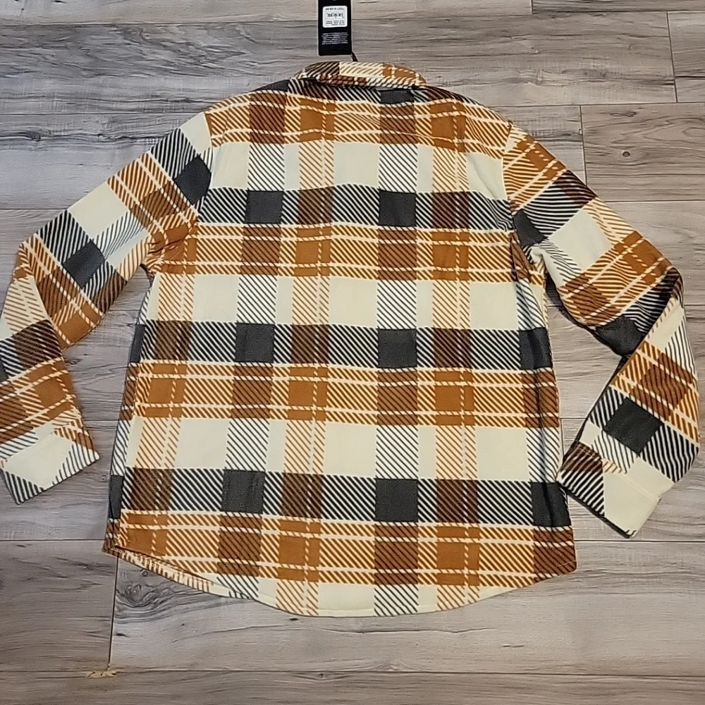 True Religion Polar Fleece Shacket Mens Large Brown‎ Gray Allover Gometric NWT